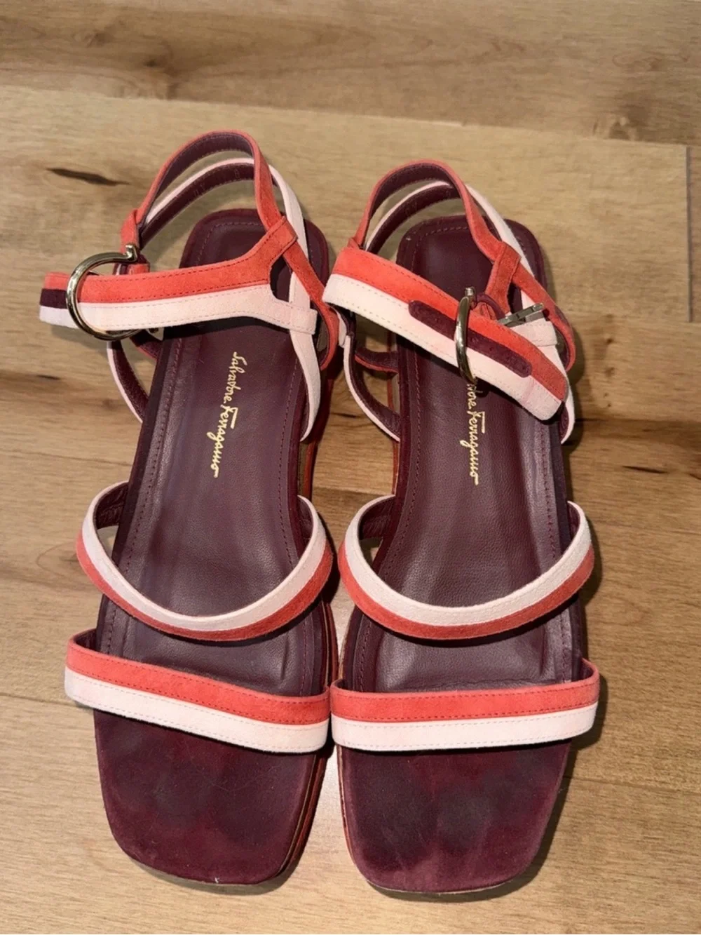 Ferragamo Vintage Platform Cork and Leather Strappy Sandal in Coral and White